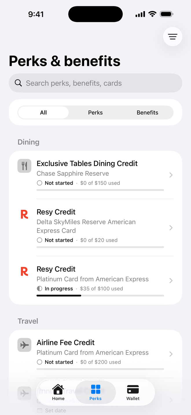 Wallet Extras Perks screen with benefits grouped by category