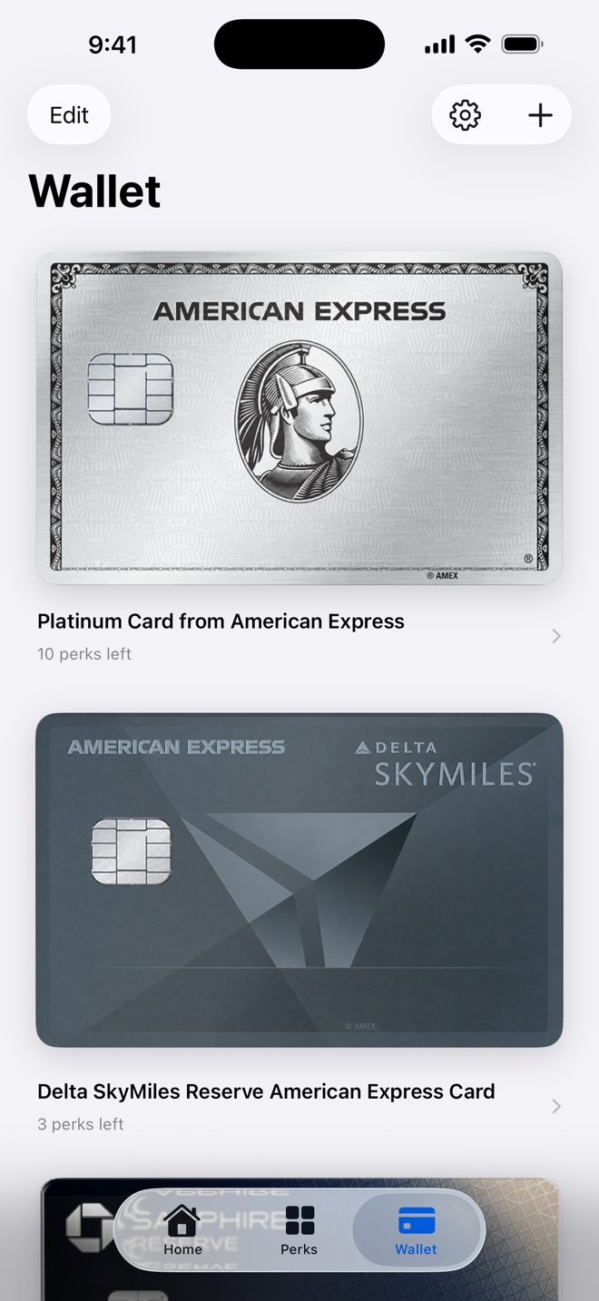 Wallet Extras Wallet screen showing selected cards